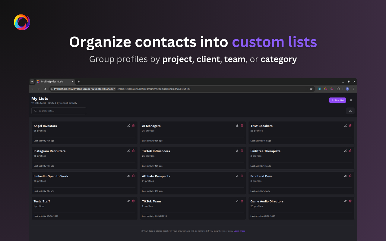 Organize contacts into custom lists