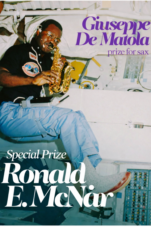 Ron McNair holding a curved saxophone in space MIT